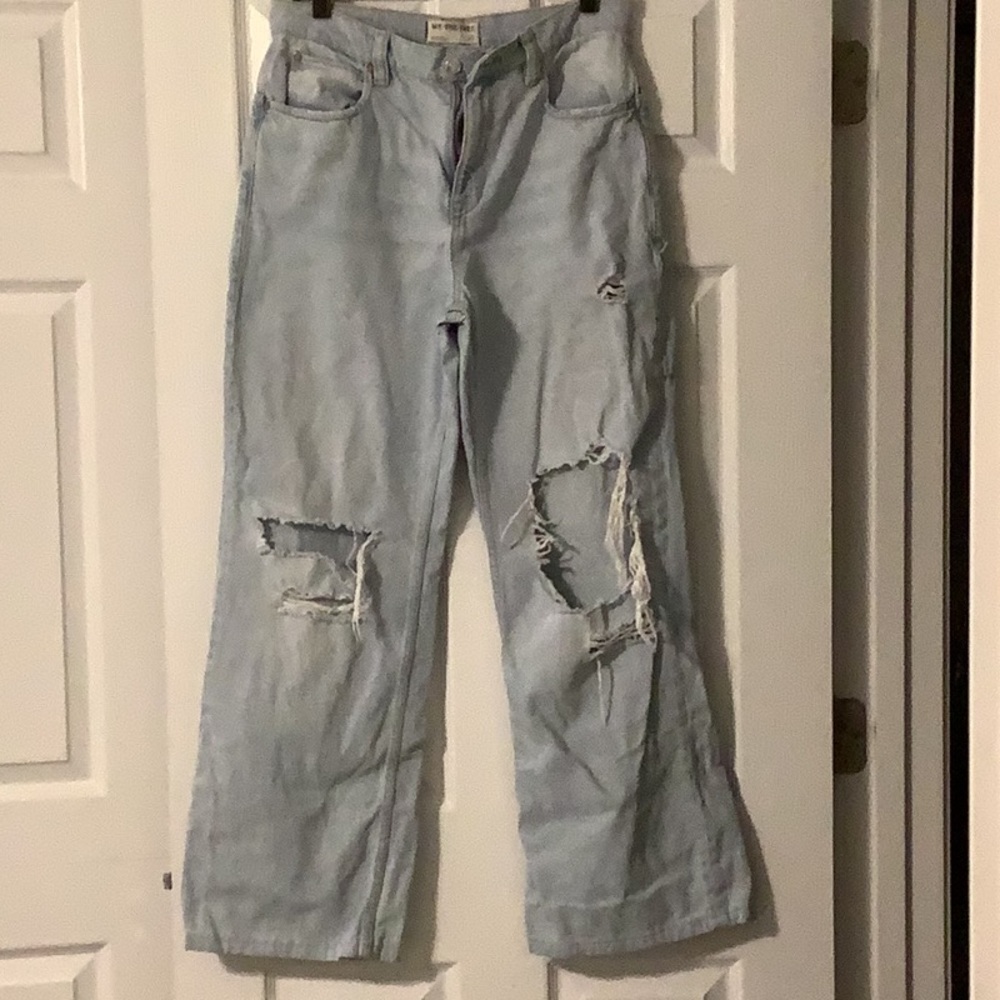 Free People Blue Flare Wide Leg Jeans with Distressed Details